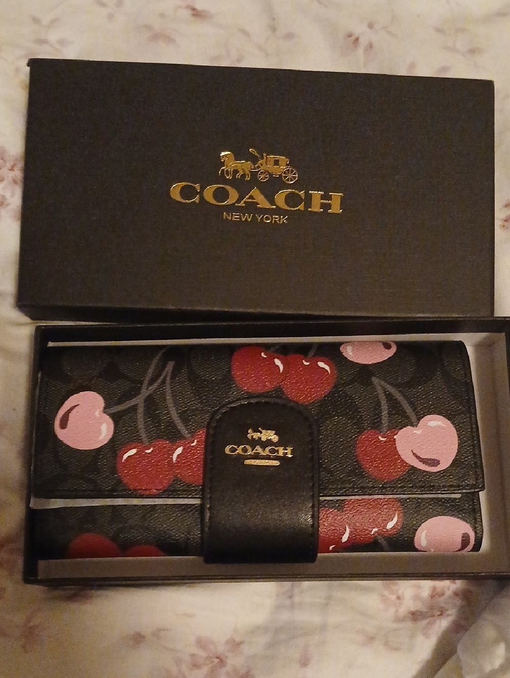 Black Leather Wallet with Red and Pink Cherry Print